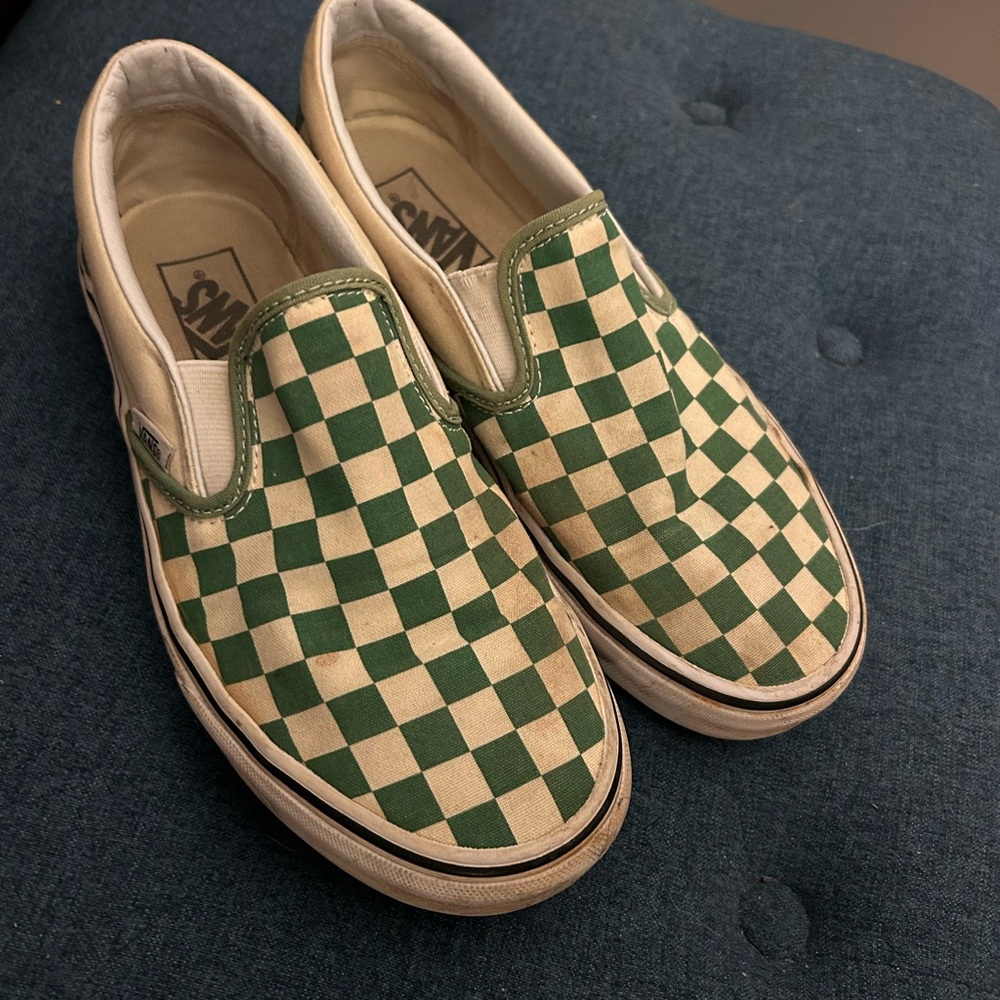 Vans Classic Green and Cream Checkered Slip-Ons